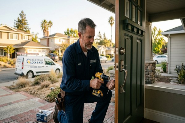 San Ramon residential locksmith rekeying deadbolt on Gale Ranch home